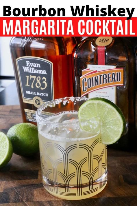 Learn how to make a whiskey margarita, a simple cocktail recipe featuring bourbon, orange liqueur, lime juice, agave syrup and salt rim. Whiskey Rita Recipe, Bourbon Lime Cocktail, Whiskey Margarita, Bourbon Margarita, Whiskey Cocktails Easy, Mexican Cocktail, Rita Recipe, Simple Cocktail, Easy Margarita