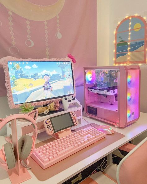 Kawaii Room Ideas, Gaming Bedroom, Gamer Setup, Gamer Room Decor, Video Game Room Design, Gaming Setups, A Keyboard, Fotografi Vintage, Bedroom Setup