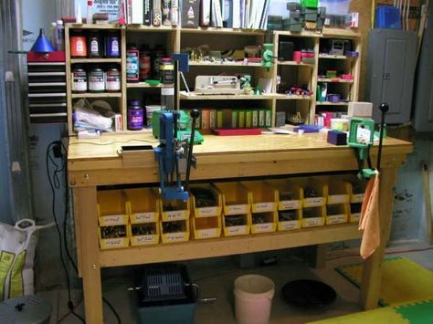 Top 60 Best Reloading Bench Ideas - Room Designs Reloading Table Ideas, Reloading Table, Reloading Bench Plans, Reloading Room, Reloading Press, Gear Room, Reloading Bench, Small Workspace, Hunting Room