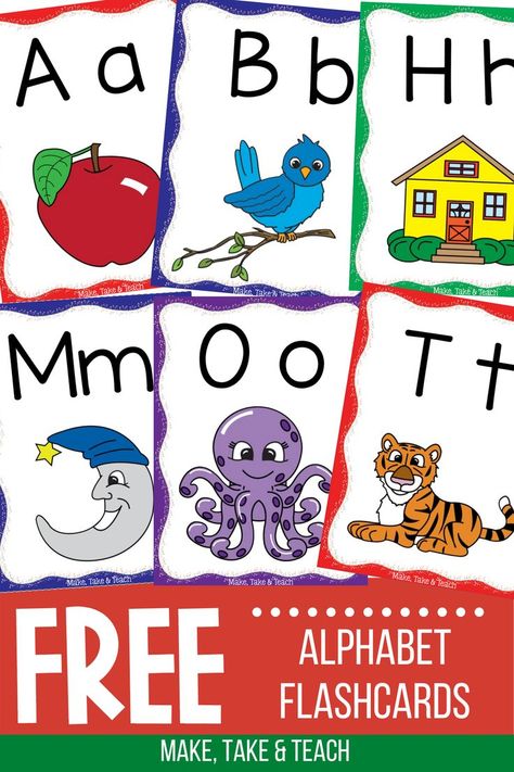 Be sure to visit the Make, Take & Teach blog and visit these free alphabet flashcards! Free Alphabet Printables Letters, Alphabet Chart Printable, Alphabet Flash Cards Printable, Alphabet Activities Kindergarten, Letter Flashcards, Alphabet Sounds, Literacy Centers Kindergarten, Preschool Alphabet, Abc Flashcards