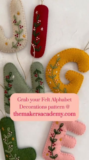 Julie Stuart ⋒ on Instagram: "We’ve combined stitching and felt decorations in our December member’s pattern Felt Alphabet Decorations by the incredibly talented Jess of @otterbeestitching!   We are in love with Jess’s cute and cozy embroidered felt creations and are excited for our members to try something a little different by combining felt and embroidery to create something super magical for Christmas. These alphabet letters can be stitched up to represent different members of your family and be brought out year after year to celebrate Christmas. They would also make amazing Christmas gifts for friends and family! 🎊  This pattern is only available in our Maker’s Academy: themakersacademy.com 😊  #embroidery #modernembroidery #DIY #christmasdecorations #christmas" Diy Letter Christmas Ornaments, Winter Felt Ornaments, Felt Ornaments Initials, Quilted Alphabet Letters Free Pattern, Embroidered Letter Ornament, Hand Embroidered Felt Ornaments, Free Felt Svg Files For Cricut, Felt Garland Christmas Diy, Felt Ornament Letter