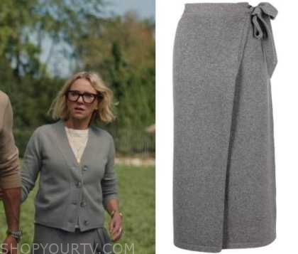 Grey Wrap Skirt Outfit, Nora Brannock Style, The Watcher Outfits, Cable Knit Sweater Outfit, The Watcher, Knit Sweater Outfit, Worn On Tv, Where To Buy Clothes, Sweater Outfit