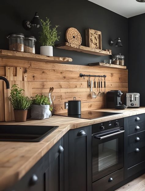 Small Kitchen Colors, Kitchen Vibes, Warm Kitchen, Lake House Kitchen, Kitchen Refresh, Kitchen Colour Schemes, Cabin Kitchens, Butcher Block Countertops, Handmade Kitchens