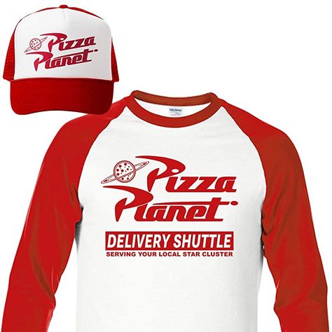 Amazon.com: Pizza Planet Halloween Adult Costume - matching shirt and hat set, drivers uniform, woody buzz andy : Handmade Products Pizza Planet Costume, Planet Costume, Toy Story Halloween, Raglan Tshirt, Movie Halloween Costume, Toy Story Costumes, Halloween Matching, Pizza Planet, Woody And Buzz