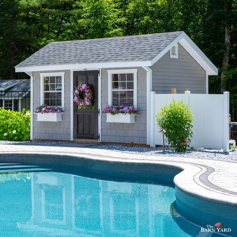 White Shed Black Door, Deck Overhang Ideas, Deck Overhang, Half Glass Door, Contemporary Pool House, Shed Paint Colours, Outdoor Pool House, Vinyl Shake Siding, Pool House Shed