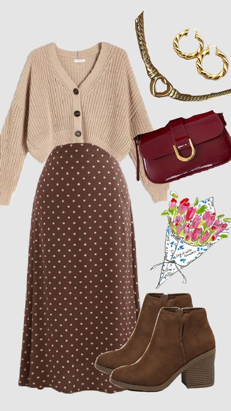 #neutralsaesthetic #vintage #outfitinpso #modestfashion #winter #outfit #churchoutfit #skirt #cardigan #brown #modestoutfit #ootd Brown Floral Skirt Outfit, Brown Midi Skirt Outfit, Floral Skirt Outfit, Floral Skirt Outfits, Long Brown Skirt, Skirt Outfit Ideas, Skirt Styles, Wardrobe Refresh, Comfy Casual Outfits