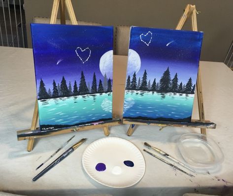 Couples Painting Tutorials - Free Online Paint Night At Home Couple Crafts Together Projects, Painting Date Ideas, Best Friend Painting Ideas, Couples Painting, Painting Date, Sky Heart, Couples Night, Couples Canvas Painting, Wine And Paint Night