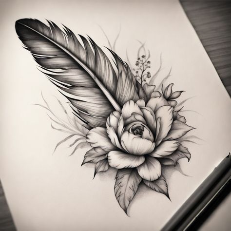 Collarbone Tattoo Coverup Ideas, Flowers With Feathers Tattoo, Flower Feather Tattoo, Rose With Feather Tattoo, Rose Feather Tattoo Design, Lotus Flower And Feather Tattoo, Feather And Flower Bouquet Tattoo, Rose Feather Tattoo, Feather Cover-up Tattoo