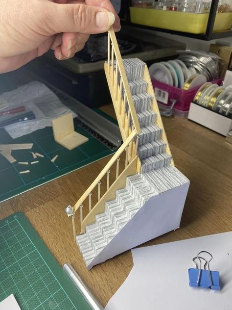 Dollhouse miniatures made from everyday things | Stairs!!! 🤯😤🤬 Held together with glue and a lot of words not allowed on here | Facebook Stairs Miniature, Dollhouse Staircase, How To Make Stairs, Dog Leg, Mini Doll House, Foam Sheets, Mini House, Not Allowed, Model Making