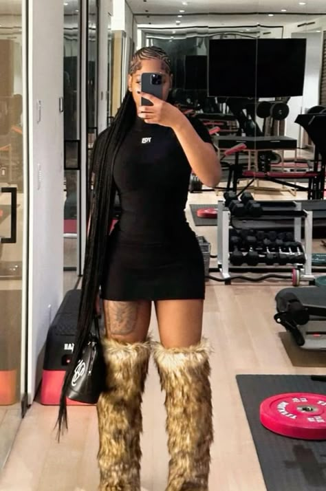 Outfits With Fur Boots Black Women, Outfit Ideas Fur Boots, Thigh High Fur Boots, Long Fur Boots Outfit, Baddie Outfits Night Out Black Women, Black Fur Boots Outfit Black Women, Outfit Ideas With Fur Boots, Black Boots Outfit Black Women, Fur Boots Aesthetic