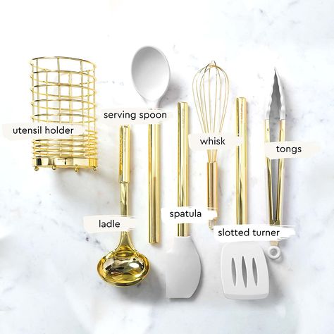 Outfit your kitchen with this complete and cohesive set of stylish multi-purpose gold kitchen utensils; includes gold spatula, gold silicone turner, gold ladle, gold tongs, gold spoon, gold whisk, and matching gold utensil holder to keep things organized.
white silicone and gold cooking utensils combine the best of function and form; food-grade silicone is nonstick and BPA-free. Gold Kitchen Utensils, White Kitchen Utensils, Gold Utensils, Gold Kitchen Accessories, Accessories Video, Kitchen Utensils Set, Silicone Cooking Utensils, Gold Spoon, Silicone Kitchen Utensils