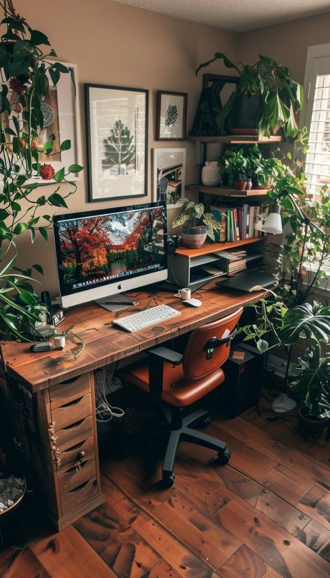 Home Decor: #homedecor, #interiordesign, #homedesign, #decor inspiration Modern Witchy Decor, Deep Green Office, Office Ideas For Men Workspaces, Cosy Office Ideas, Modern Home Trends, Witchy Desk, Creative Workspace Inspiration, Office Organization Home, Loft House Design