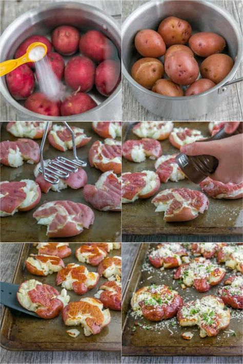 Cheesy Smashed Potatoes are crisp on the outside with a creamy center. How to make the best roasted smashed potatoes that fly off the plate! #smashedpotatoes #smashedpotatorecipe #potatoes #sidedish Smashed Potatoes Baked, Roasted Smashed Potatoes, Veggie Meal Prep, Smashed Potatoes Recipe, Potatoes In Oven, Crispy Smashed Potatoes, Potato Recipes Side Dishes, Smashed Potatoes, Pub Food