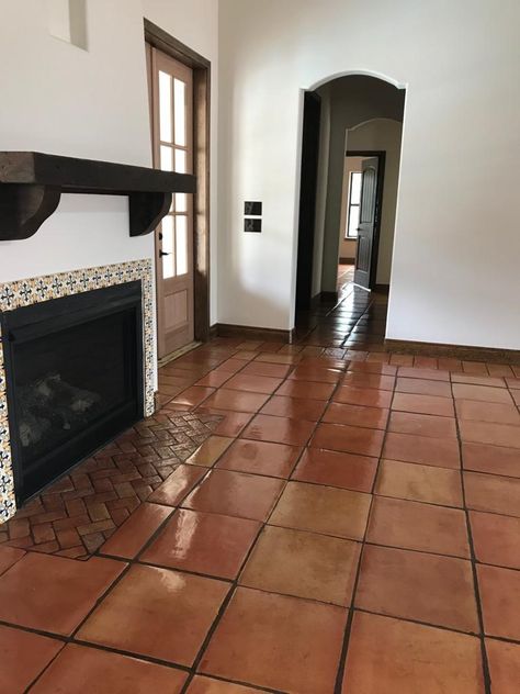 12X12 Saltillo Natural on Living Room Saltillo Tile Living Room Modern, Faux Saltillo Tile, Spanish Tile Living Room, Saltillo Tile Floor Living Room, Red Tile Floor Living Rooms, Brown Tiles Floor Living Room, Terracota Floors, Mexican Flooring, Saltillo Tile Living Room