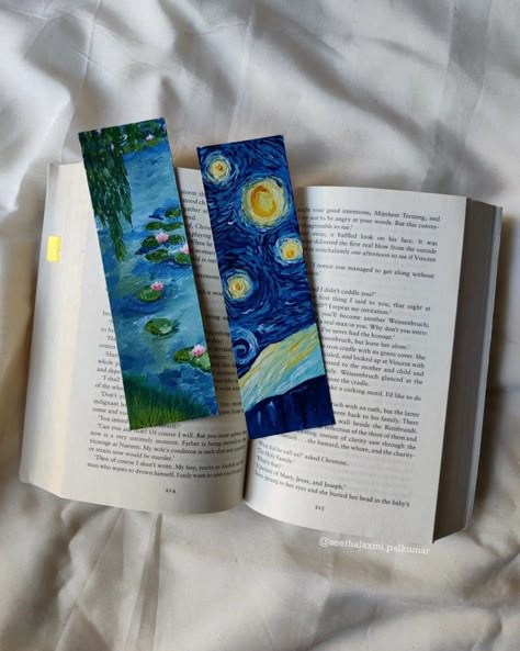 Starry Night Bookmark, Bookmark Painting Ideas, Bookmark Painting, Painting Bookmarks, Painted Bookmarks, Lilly Pond, Attractive Wallpapers, Handmade Bookmarks Diy, Spiderman Art Sketch