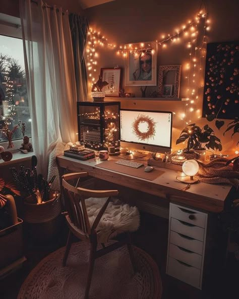 Dreamy Gaming Setup, Computer Desk Ideas Bedroom, Pc Setup Aesthetic Dark, Cozy Desktop Wallpaper, Cozy Study Room, Pinterest Bedroom, Office Cozy, Popular Home Decor, Gamer Desk