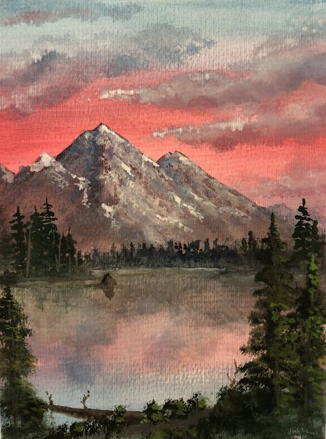 Beginner Painting Mountains, Long Mountain Painting, Colorado Mountain Painting, Mountains And River Painting, Mountain And Tree Painting, Mountains And Lake Painting, Mountain With Sunset Painting, Forest And Mountains Drawing, Mountain Lake Landscape Painting