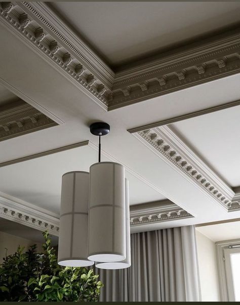 Ceiling French Molding, Decorative Ceiling Moulding, European Contemporary Interior Design, French Ceiling Design, Ceiling Molding Design, Fluted Ceiling, Ceiling Molding Ideas, Classical Ceiling Design, Ceiling Molding