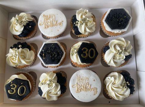 30 Birthday Cupcakes For Him, 30th Cupcakes For Men, Rip 20s Cupcakes, 30th Cupcakes Birthday For Her, Black Cupcakes Birthday, Black And Gold Cupcakes Birthdays, Happy Birthday Cupcakes For Men, Cupcake Designs For Men, 30th Cupcakes