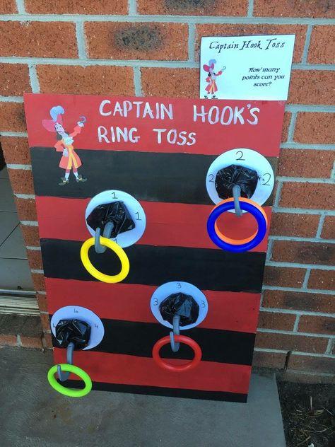 Pirate party activities Captain Hook ring toss Captain Hook Ring Toss, Pirate Hook, Ring Toss Game, Ring Toss, Pirate Theme, Party Rings, 6th Birthday Parties, Pirate Party, Captain Hook