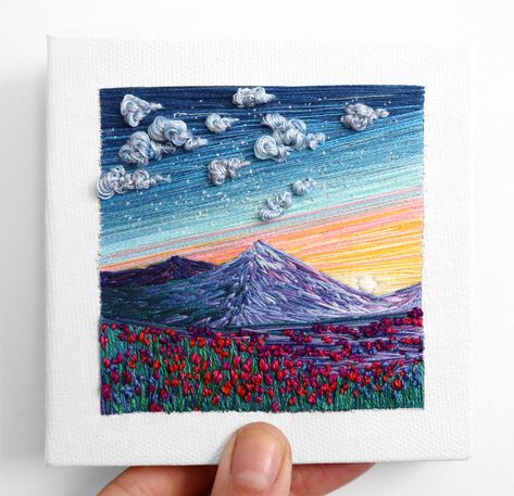 I Use Embroidery To Create Unique Landscapes Yarn Painting Art, Unique Landscapes, Embroidered Canvas Art, Yarn Painting, Embroidered Canvas, Hand Embroidery Projects, Wool Art, Thread Painting, Cute Embroidery