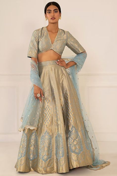 Sky Blue Banarasi Lehenga Set Design by Studio Iris at Pernia's Pop Up Shop 2024 Minimal Lehenga Designs, Minimal Lehenga, Blue Banarasi Lehenga, Light Lehenga, Studio Iris, Ruffled Saree, Diwali Outfits, Sikh Wedding, Silk Lehenga