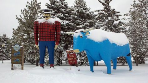 Paul and Babe in the winter Paul Bunyan And Babe, Babe The Blue Ox, Rodeo Rider, Paul Bunyan, Giant Animals, Dinosaur Park, Cowboy Girl, Frozen In Time, Roadside Attractions