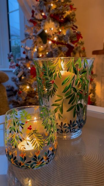 Two Peas on Instagram: "Can’t beat a cosy Sunday with the flicker of a candle wick 😍 Featuring our lanterns and tea light holders 🕯 . . #festive #cosy #candles #gifts #uniquegifts #handpainted #glassware #lanterns #tealights #art #christmas #christmasdecor #christmastime #secretsanta #etsy #etsyuk #etsyshop #smallbusiness #shopsmall" Painted Glass Candle Holders, Painted Lanterns, Cosy Candles, Vase Ideas, Glass Wear, Lantern Christmas, Candle Wick, Tea Light Holders, Christmas Lanterns