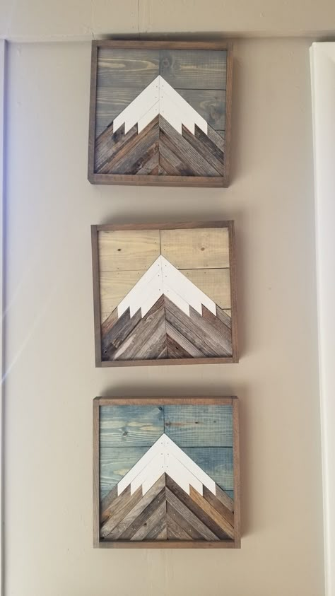 Words On Wood Signs Diy, Reclaimed Wood Mountain Art, Wooden Mountain Wall Art Diy, Pallet Mountain Wall Art, Diy Mountain Decor, Sellable Wood Projects, Wood Mountain Wall Art Diy, Barnboard Projects, Wooden Mountain Wall Art