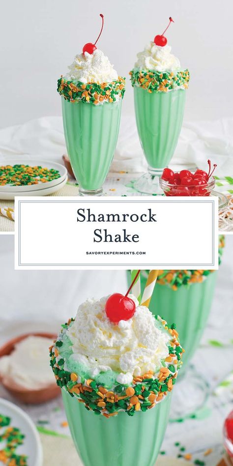 This copycat Shamrock Shake recipe is a sweet, minty milkshake with the addition of a fun rimmed garnish! Perfect for St. Patrick's Day! St Patrick’s Desserts, Shamrock Shakes Recipes, Shamrock Milkshake, Diy Shamrock Shake, Boozy Shamrock Shake, Mcdonalds Copycat Recipes, Copycat Shamrock Shake, St Patrick's Day Desserts, St Patricks Day Crafts