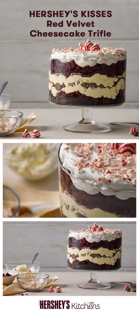 The holiday season calls for this KISSES Red Velvet Cheesecake Trifle. This recipe is made with HERSHEY'S Cocoa, HERSHEY’S Kitchens Semi-Sweet Chocolate Chips, HERSHEY'S KISSES Brand Milk Chocolates, and HERSHEY'S KISSES Brand Candy Cane Mint Candies. Layers of red velvet cake and cheesecake pudding are topped with whipped cream and HERSHEY’S KISSES. This festive treat is great for Christmas dinner or winter birthdays! Holiday Baking Treats, Desserts Trifle, Cake And Cheesecake, Hersheys Kisses, Cheesecake Trifle, Trifle Recipes, Velvet Cheesecake, Cheesecake Pudding, Trifle Bowl