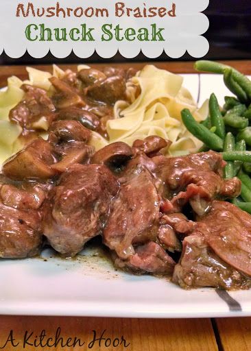 A Kitchen Hoor | Slow Cooker Mushroom Braised Chuck Steaks Beef Chuck Steak Recipes, Chuck Steak Recipes, Beef Chuck Steaks, Mains Recipes, Chuck Steak, Steak And Mushrooms, Mushroom Gravy, Beef Chuck, Crockpot Meals