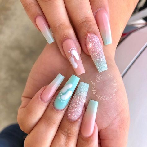 Maternity Nails, Baby Nail Art, Gender Reveal Nails, Baby Shower Nails, Idee Babyshower, Tapered Square Nails, Baby Nails, Nail Art Designs Diy, Pretty Nail Art Designs