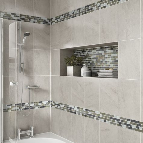 Clean and sleek! Modern bath with mosaic tile detail tub & shower. Tiles Ideas, Crystal Springs, Wet Room, Bath Tiles, Shower Niche, Decor Baie, Bathroom Shower Tile, Shower Tile Designs, Bathroom Remodel Shower