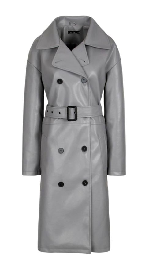 Faux Leather Trench Coat from BOOHOO. And it's cheap. I will buy it immediately. Available in gray and black Faux Leather Trench Coat, Raincoat Fashion, Gray Coat, My Wish List, Faux Leather Coat, Leather Trench, Grey Coat, Raincoats For Women, Leather Trench Coat