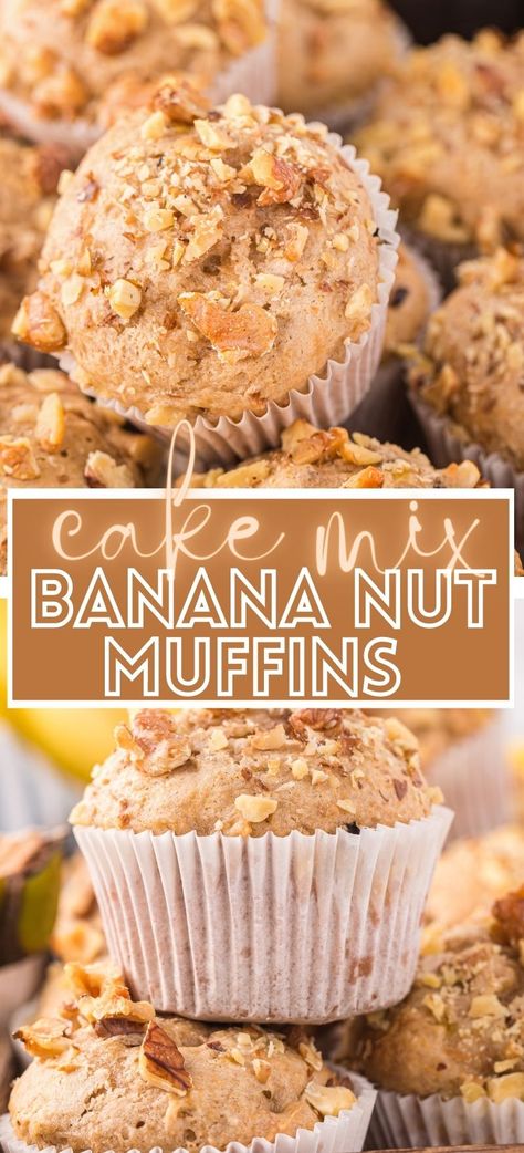 Learn how to make easy Banana Nut Muffins with this simple recipe that starts with a butter pecan cake mix! Use up those ripe bananas, a cake mix, plus a few other ingredients to make these nutty, super soft, and delicious banana nut muffins with walnuts. Cake Mix Banana Nut Bread, Butter Pecan Cake Mix Banana Bread, Butter Pecan Cake Mix Muffins, Banana Muffins Cake Mix Recipe, Banana Muffins From Cake Mix Recipes, Banana Muffins With Cake Mix Boxes, Banana Bread Using Cake Mix Recipe, Banana Bread With Cake Mix Recipes, Cake Mix Banana Muffins