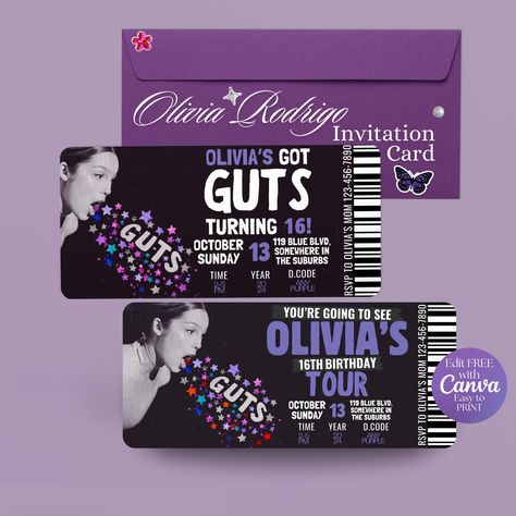 Olivia Rodrigo Invitation Guts Concert Ticket Are you excited with Olivia Rodrigo Concert Tour? 💜 Why don't you celebrate your birthday with our invitation card inspired in 'Olivia Rodrigo Guts Tour Ticket' that will surely create a lasting memories to your guests!  ⭐️ Cupcake Topper : https://artistayl.etsy.com/listing/1741493415 🚘Drivers License Invitation Card : https://artistayl.etsy.com/listing/1759281620 🪪Sour Invites Drivers License : https://artistayl.etsy.com/listing/1779676519 💜 WH Concert Birthday Party, Olivia Rodrigo Concert, Olivia + Core + Aesthetic, Guts Tour, Ticket Template, 11th Birthday, 16th Birthday, Olivia Rodrigo, Bday Party