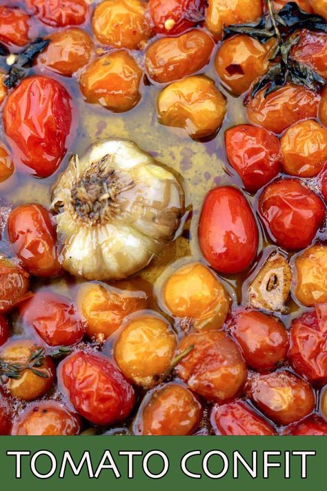 tomatoes and garlic roasted in olive oil Stewed Cherry Tomatoes Recipe, Sauteed Cherry Tomatoes Recipe, What To Do With Extra Cherry Tomatoes, Roasted Grape Tomato Recipes, Roasted Tomatoes In Olive Oil, Roasted Tomatoes And Garlic Oven, Tomatoes Garlic Olive Oil, Cherry Tomato Confit Recipe, Tomato And Garlic Confit Pasta