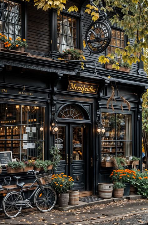 Vintage Cafe Exterior, Witchy Cafe Aesthetic, Coffee Shop Front Design, Aesthetic Cafe Exterior, Classic Cafe Design, Vintage Store Fronts, Vintage Cafe Aesthetic, Art Deco Coffee Shop, Storefront Aesthetic