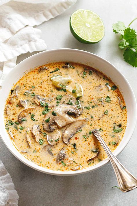 Thai Coconut Mushrooms Soup - #thai #coconut #soup #recipe #eatwell101 - This creamy Thai coconut soup is what you crave when it's chilly outside and yet want a light, comforting dinner option. This healthy Thai soup recipe is vegetarian and gluten-free! - #recipe by #eatwell101® Thai Coconut Mushroom Soup, Vegan Thai Lemongrass Coconut Curry Soup, Mushroom Coconut Curry, Thai Mushroom Soup, Pescatarian Soup, Coconut Mushroom Soup, Coconut Soup Thai, Slow Cooker Recipes Vegetarian, Vegetarian Soups And Stews