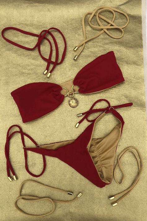 Deep red and golden nude reversible “GoldBarr” #bikini #goldbarr #luxury #swimsuit Golden Swimsuit Bikinis, Red Bikinis For Women Aesthetic, Dark Red Swimsuit, Classy Swimsuit, Aesthetic Swimsuit, Tropical Outfits, Swimsuit Aesthetic, Gold Swimsuit, Obx Dr