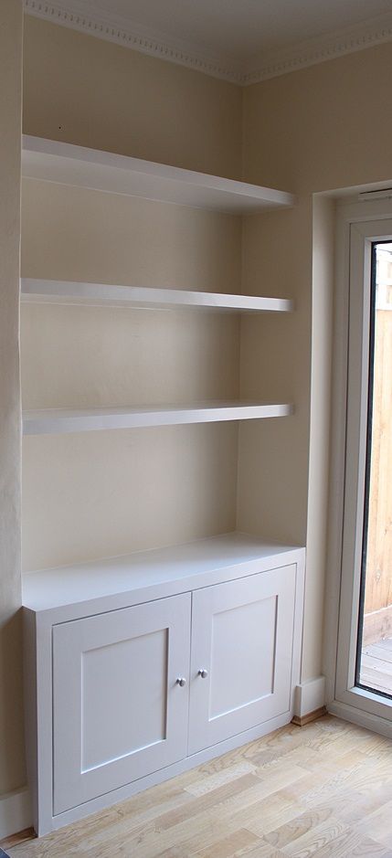 s Alcove Storage, Alcove Ideas, Alcove Shelving, White Shelves, Living Room Shelves, Room Shelves, Lounge Ideas, Estantes Flotantes, Built In Shelves