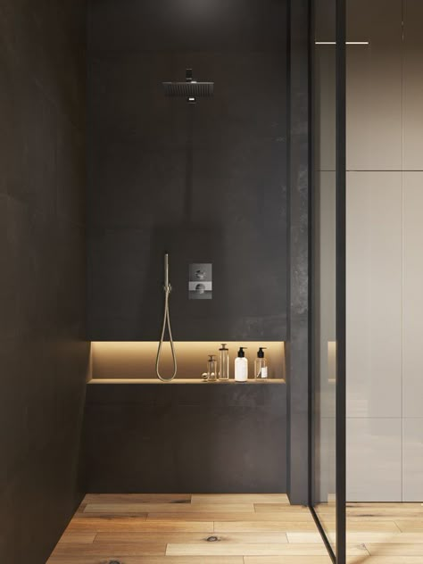 This modern bathroom has a horizontal shower niche with hidden lighting for storage. #ModernBathroom #ShowerNiche #ShowerNicheIdeas #BathroomStorage Drømme Bad, Teak Bathroom Vanity, Modern Loft Apartment, Bathroom Niche, Teak Bathroom, Toilette Design, Hidden Lighting, Bathroom Lights, Pedestal Sinks