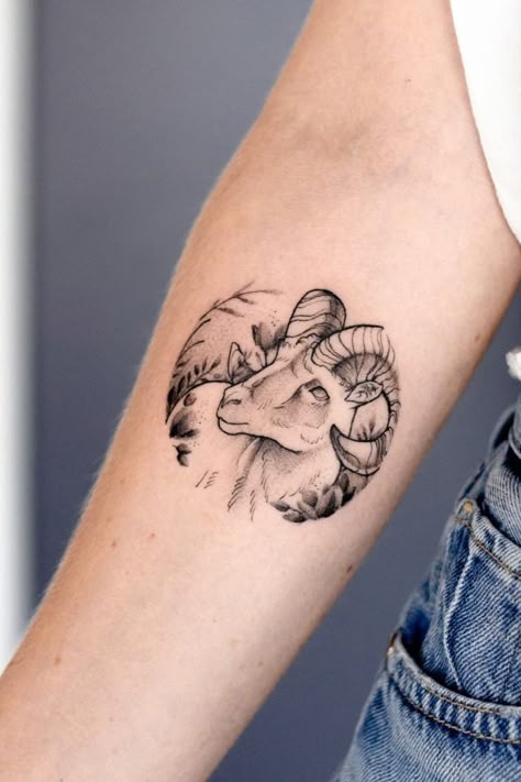 30 Unique Aries Tattoos (Ideas & Designs) Feminine Aries Ram Tattoo, Goat Tattoo Capricorn, Aries Ram Tattoo For Women, Small Aries Tattoos For Women, Ram Tattoo Feminine, Aries Tattoo Ideas Unique, Ram Head Tattoo, Aries Goddess Tattoo, Goat Tattoo Design