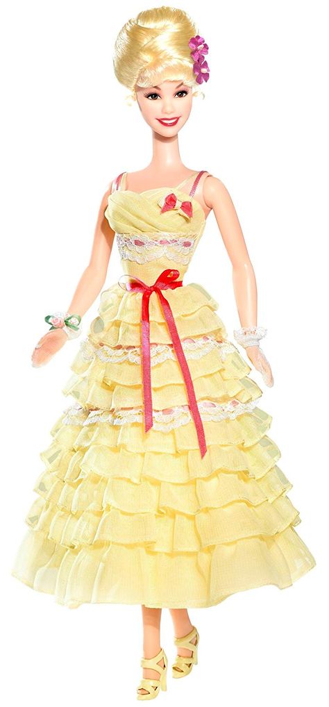 AmazonSmile: Mattel Barbie Grease Girls Frenchy: Toys & Games Grease Characters, Bright Yellow Hair, Layered Ruffle Dress, Beautiful Blonde Hair, Barbie Mattel, Barbie Life, Lace Gloves, Yellow Hair, Doll Stands