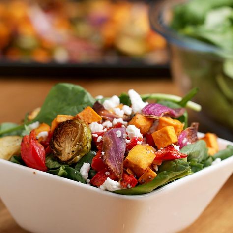 Roasted Veggie Salad With Maple Balsamic Vinaigrette Recipe by Tasty Roasted Lettuce, Maple Balsamic Vinaigrette, Roasted Veggie Salad, Potatoe Salad, Balsamic Vinaigrette Recipe, Roasted Chickpea, Roasted Vegetable Salad, Maple Balsamic, Satisfying Salads