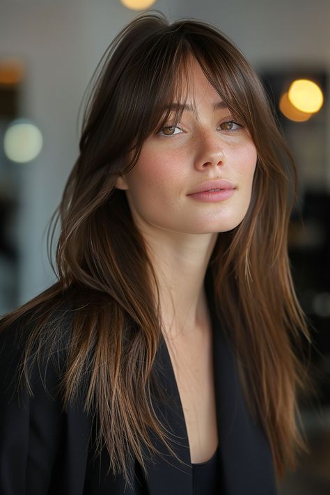 Woman with straight long hair and parted bangs looking chic Subtle Fringe Hairstyles, Medium Length Haircut With Side Fringe, Long French Bangs Long Hair, Layered Fringe Haircut, Bangs Thick Long Hair, Long Hair Layers Bangs Round Face, Long Bangs With Straight Hair, Long Haircut With Fringe, Bardot Bangs Straight Hair