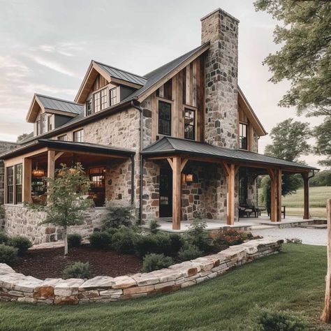 10+ Stunning Farmhouse Exterior Design Ideas You'll Love • 333+ Art Images House Design Country Farmhouse, Big Houses Country, Rock Farmhouse Exterior, Wooden Home Exterior, Farmhouse Rambler Exterior, Farm Rustic House, Houses With Rock And Siding, Farmhouse With Rock Exterior, Farmhouse With Character