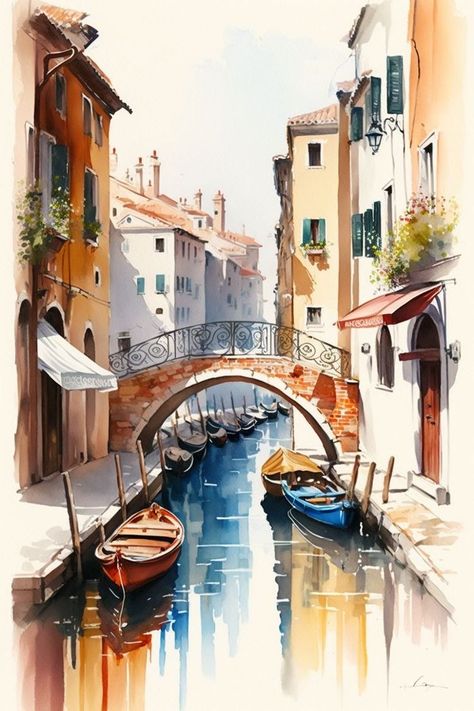 Venice Painting Watercolors, Beautiful Watercolor Paintings Nature, Venice Painting, Watercolor Art Landscape, Watercolor Paintings Nature, Watercolor Architecture, Italy Painting, Architecture Drawing Art, Download Poster