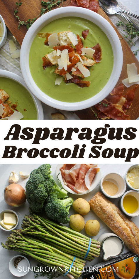 A bowl of broccoli asparagus soup and the ingredients to make it. Asparagus And Broccoli, Asparagus Broccoli, Crispy Prosciutto, Asparagus Seasoning, Creamy Asparagus, Seasonal Vegetables, Asparagus Soup, Asparagus Salad, Green Veggies